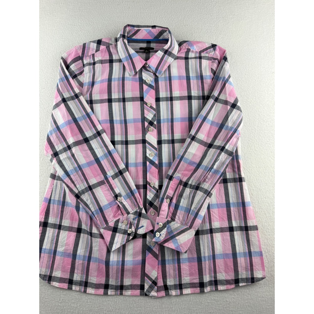 Talbots Petite Medium Pink Navy Plaid Button Down Shirt 100% Cotton Long Sleeve